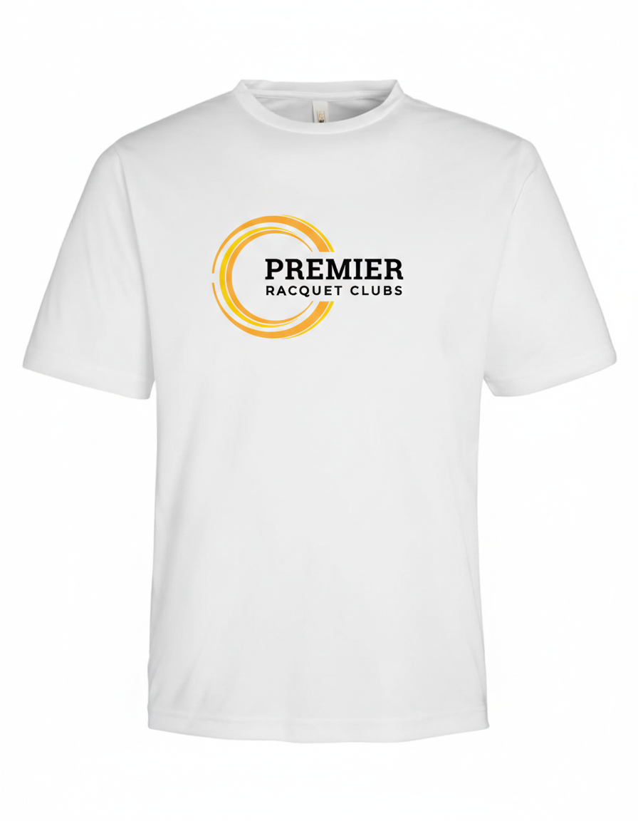White t-shirt with 'Premier Racquet Clubs' logo on a white background